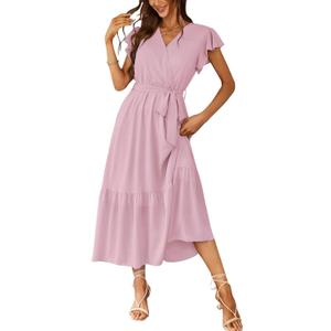 PRETTYGARDEN Women's Summer Floral Boho Maxi Dress Short Sleeve Wrap V Neck Ruffle Long Flowy Beach Wedding Guest Dresses (Pink, S)