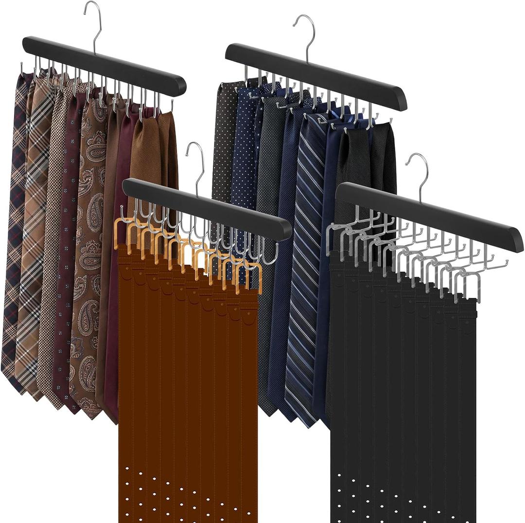 4 Pack Tie Rack and Belt Hanger 2 in 1, Wooden Tie Organizer for Closet with 20 Foldable Hooks, Space Saving Necktie Holder and Belt Organizer, Black