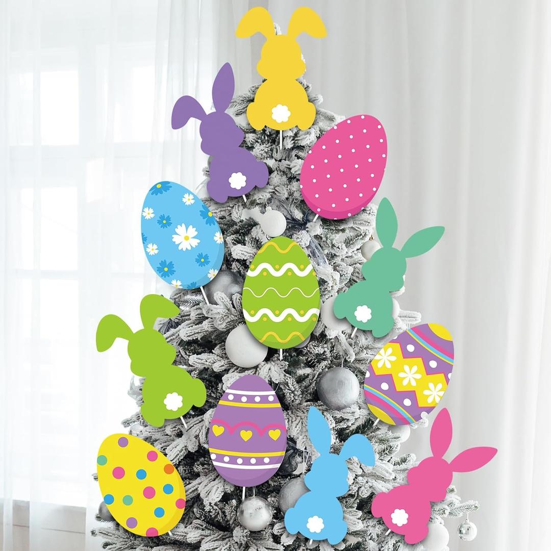 Capoda 12 Pcs Easter Tree Decorations Egg Bunny Picks Decorations Ornaments Large Rabbit Egg Easter Tree Ornaments Topper Picks Signs for Home Office Spring Vase Party Decors