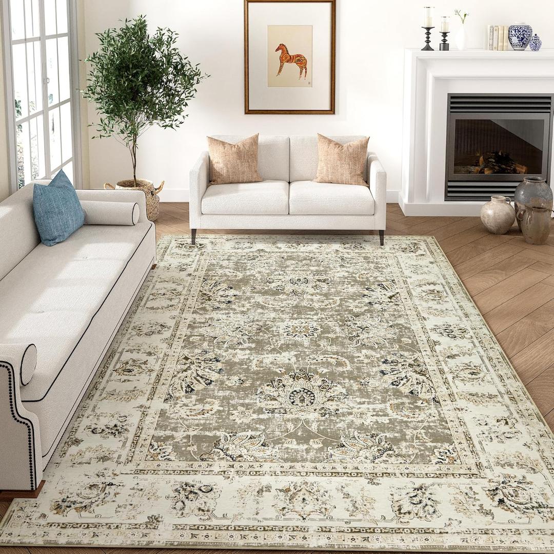 jinchan Fiora Washable Area Rug 8x10 for Living Room - Soft Faux Wool Ultra-Thin Stain Resistant Non-Slip Distressed Vintage Floral Large Carpet for Bedroom, Home Office, Nursery(Taupe, 8'x10')