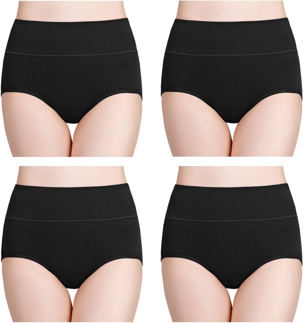 Wirarpa Women's Cotton Underwear High Waisted Ladies Panties Full Coverage Briefs 4 Pack (Regular & Plus Size) (Large, Black - Set 3)