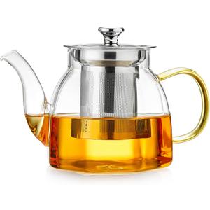 Glass Tea Pot with Stainless Steel Infuser and Lid (Octagonal), Clear Glass Teapot, Borosilicate Hydrochloric Glass Heat Resistant, Fine Glass Filter for Flower Tea, Tea Bags (27 oz / 800 ml)