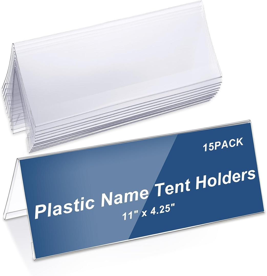 Vicenpal 15 Pieces Clear Plastic Name Tent Holders 11" x 4.25" Acrylic Name Plate for Desk PVC Card Tent Holder Desk Sign Frame for Table Office Business Conference Meeting Room School Display Stand