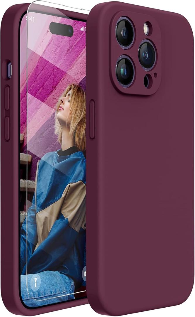 Miracase Designed for iPhone 14 Pro Max Phone Case with Screen Protector,[Upgraded Enhanced Camera Protection],Shockproof Liquid Silicone Case with Microfiber Lining,6.7 inch, Wine Red