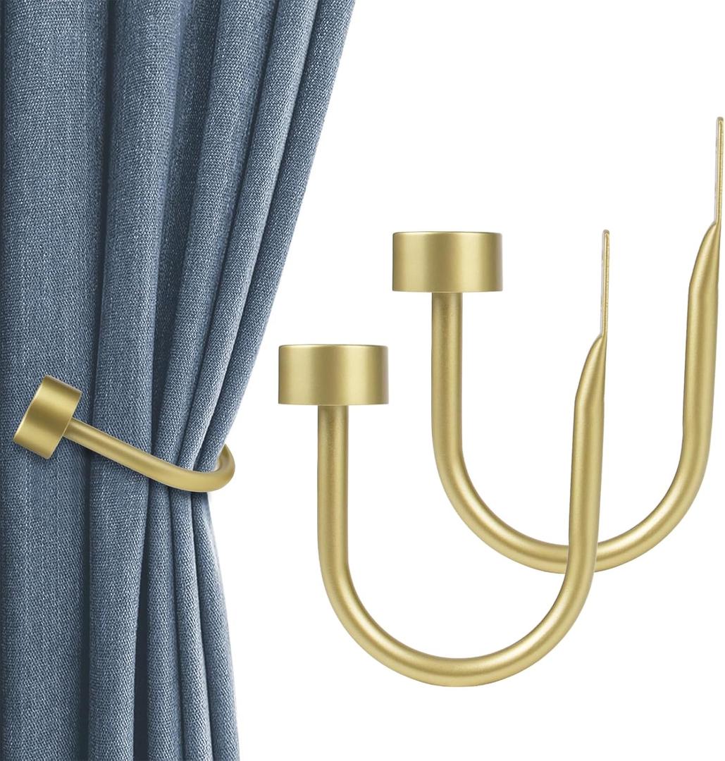 KAMANINA Curtain Holdbacks for Wall, Warm Gold Curtain Tiebacks Wall Mounted, Curtain Hooks Holders for Drapes, Modern Cap Finials (2 Pack)