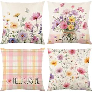 wyooxoo Farmhouse Pillow Covers 18x18 Set of 4 Spring Pink Throw Pillow Covers Floral Decorative Cushion Cases for Sofa Couch Living Room Outdoor Home Decor