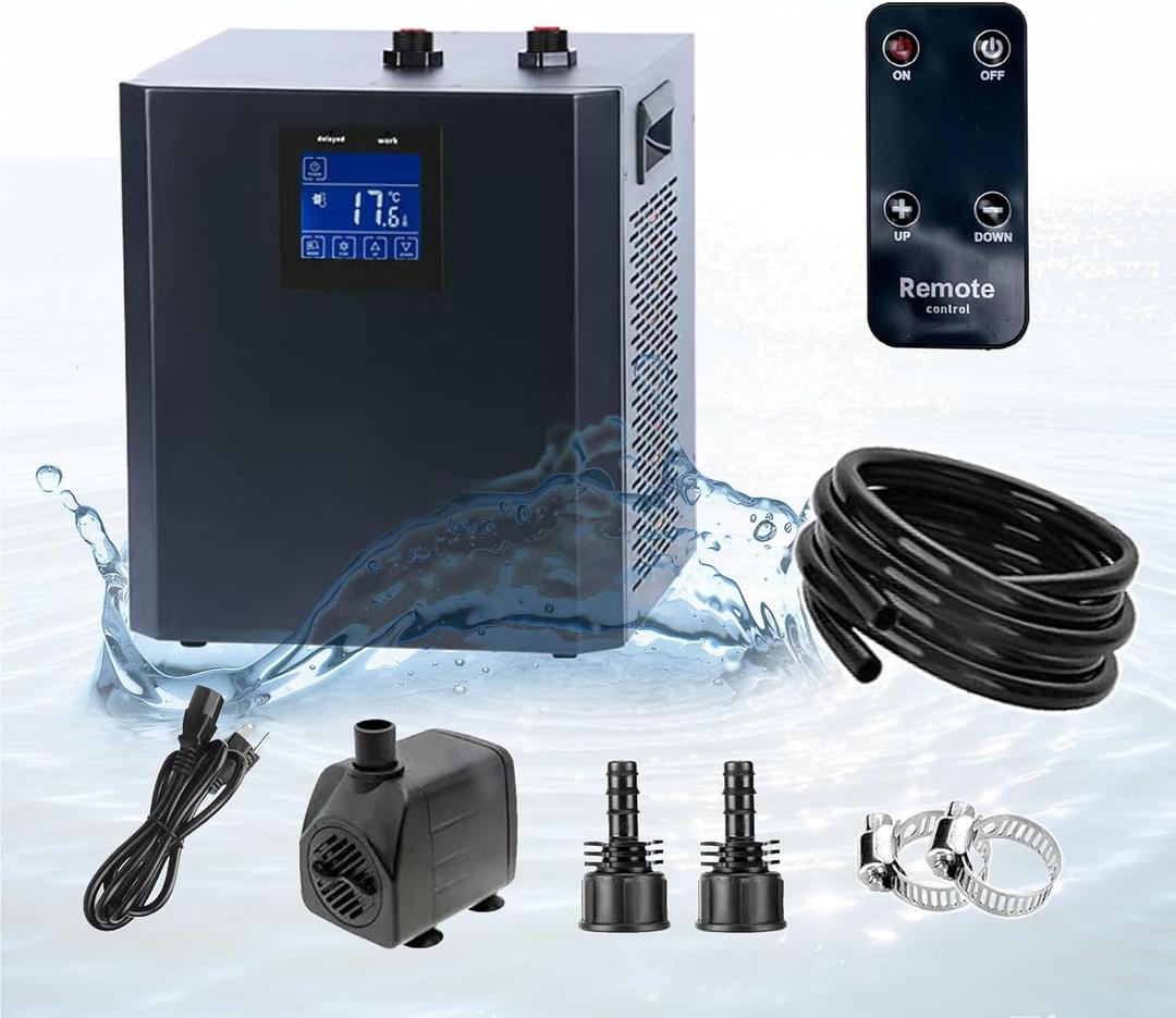 79 Gallon Aquarium Chiller, Fish Tank Chiller,1/3 HP Active Aqua Chiller for Axolotl, Aquarium Cooler with LED Display, Pipe, Water Pump, Remote Control (Black Built-in Filter)