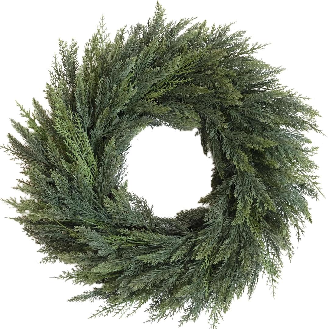 Bibelot Christmas Wreaths for Front Door, 24 Inch Realistic Norfolk Pine Wreath, Green Real Touch Winter Decor for Indoor Outdoor Home Wall Window All Seasons