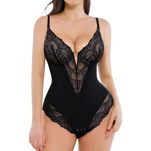 Popilush Shapewear Bodysuits for Women Lace Corset Tops Tummy Control V Neck Sleeveless Body Suit Thongs, Black, M
