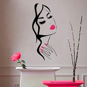 Beauty Salon Wall Decal Girl Face & Red Lips Art Sticker for Barber Shop, Nail Salon, and Home Decor Removable Vinyl Mural for Hairstyle Decoration M-73 (Black +Pink Lips, 40X90CM)