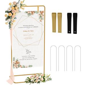 Babenest Welcome Sign Stand, Gold Adjustable Metal Linen Sign Holder with 4 Ground Stakes & 2 Leather Straps, Wedding Banners & Posters for Baby Bridal Valentine Standing Display (Without signs)