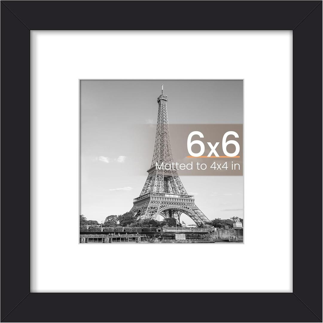 Upsimples 6x6 Picture Frame, Display Pictures 4x4 with Mat or 6 x 6 Without, Wall Hanging Square Frames, Black, 1 Pack