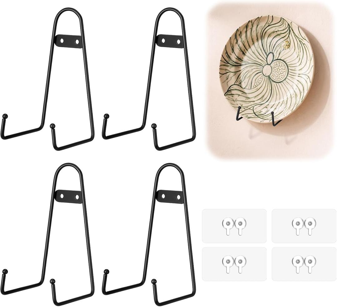 4 Pcs 6 Inch Adhesive Wall Mount Plate Display Stands No Drill Metal Medium Wall Easel Holder with Hooks Picture Frame Stand Rack for Home Office Plates Bowl Certificate Artwork