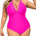 Aqua Eve Plus Size Swimsuits One Piece Bathing Suit for Women Tummy Control Sexy Halter Swimwear (Pink) 