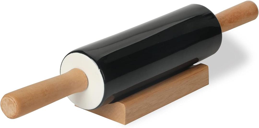 Ceramic Rolling Pin,16 inch with Wooden Handle and Stand, Rolling Pin for Baking Pastry, Pizza, Dough, Cookie, Pie Crust, Pasta, Bakery, Non-Stick Surface, Easy to Clean (Navy)