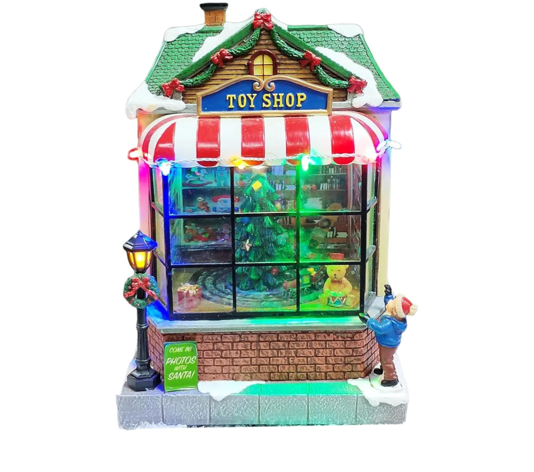 Animated Toy Shop Christmas Village House Moments in Timewith LED Lights and Music 9.7”H Moving Christmas Tree Hand-Painted Holiday Decor Battery Operated