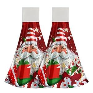 Santa Claus Kitchen Hanging Towel Set of 2 Xmas Gift Star Hand Tie Towels with Loop & Hook Merry Candy Cane Fast Drying Coral Velvet Dishcloth for Bathroom Home Decor