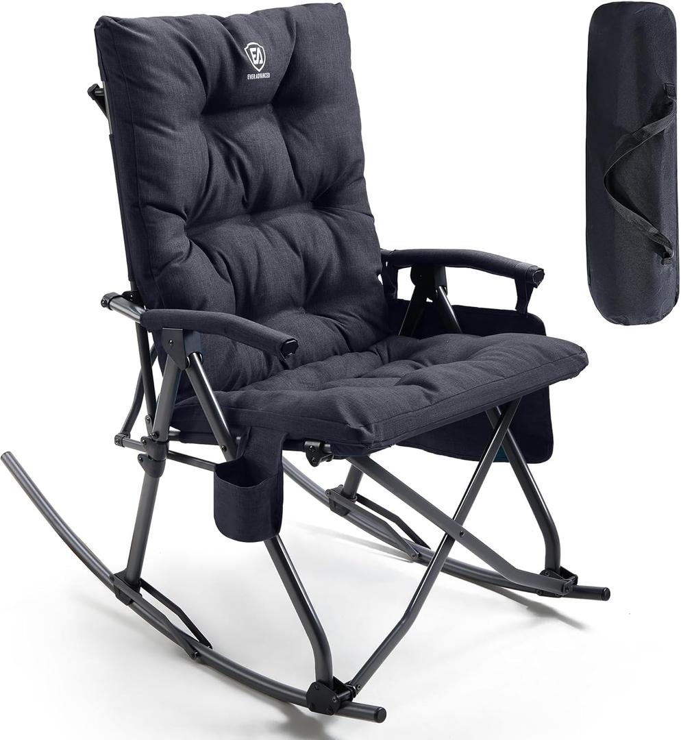 EVER ADVANCED Oversized Folding Rocking Camping Chair, Padded Portable Rocker Chair for Patio, Lawn and Outdoors, Heavy Duty Hard Armchair for Adults Supports 400lbs, Black