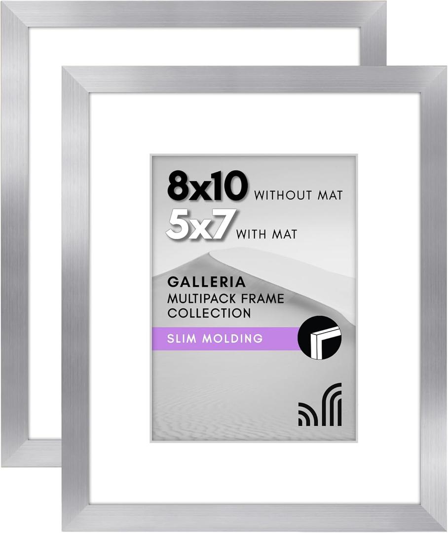 Americanflat 8x10 Picture Frame with Polished Plexiglass - Set of 5 - Use as 5x7 Frame with Mat or Display 8x10 Photo Without Mat - Galleria Collection - Picture Frames for Tabletop and Wall - Silver