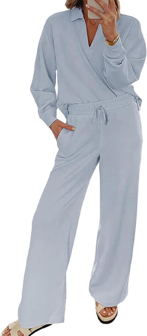 EVALESS Two Piece Sets for Women Lounge Sets Casual V Neck Sweatshirt and Wide Leg Sweatpants Matching Sets Women Clothing (Blue, L)