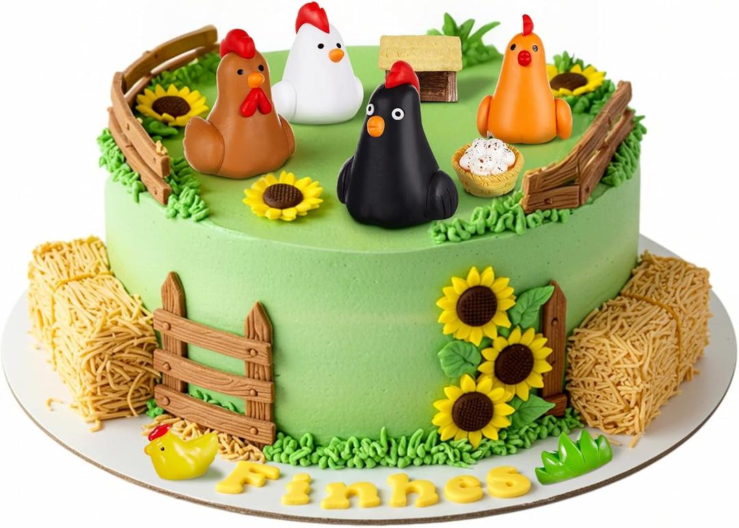 Leinuosen 18 Pcs Chicken Cake Decorations Chicken Birthday Cake Topper Coop Hen Rooster Egg Nest Grass Farm Animal Birthday Party Decorations for Chick Themed Baby Shower Supplies