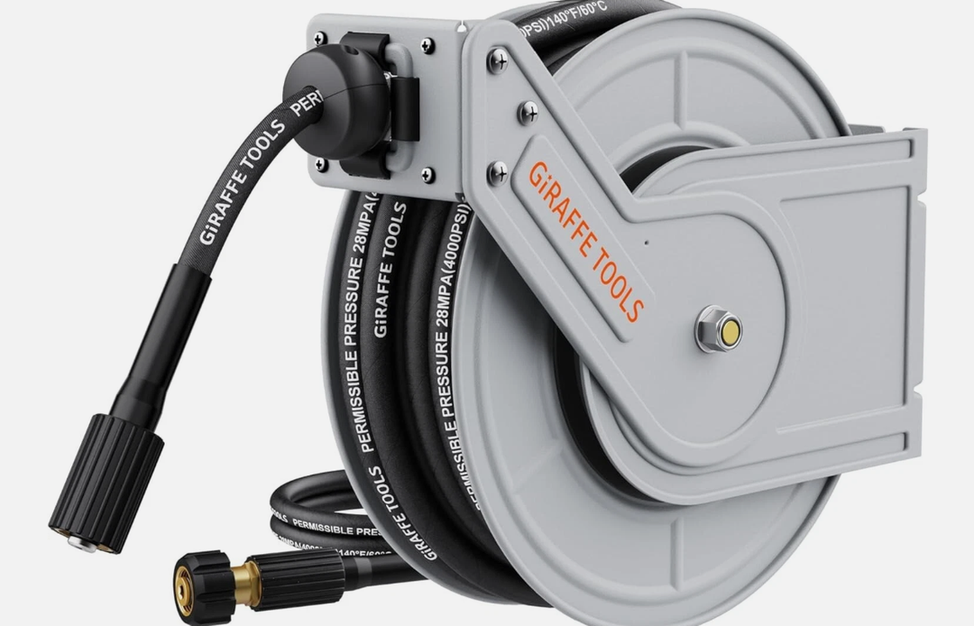 Giraffe Tools Pressure Washer Hose Reel with 60ft Replaceable Hose, Power Washer Retractable Hose Reel, Heavy Duty, Wall/Floor Mounted, 4000 PSI