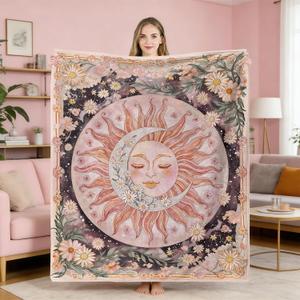 Neasow Sun Moon Daisy Throw Blanket, Boho Aesthetic Floral Blanket, Super Soft Pink Bohemian Decor for Couch Dorm Sofa Room, 5060 inch