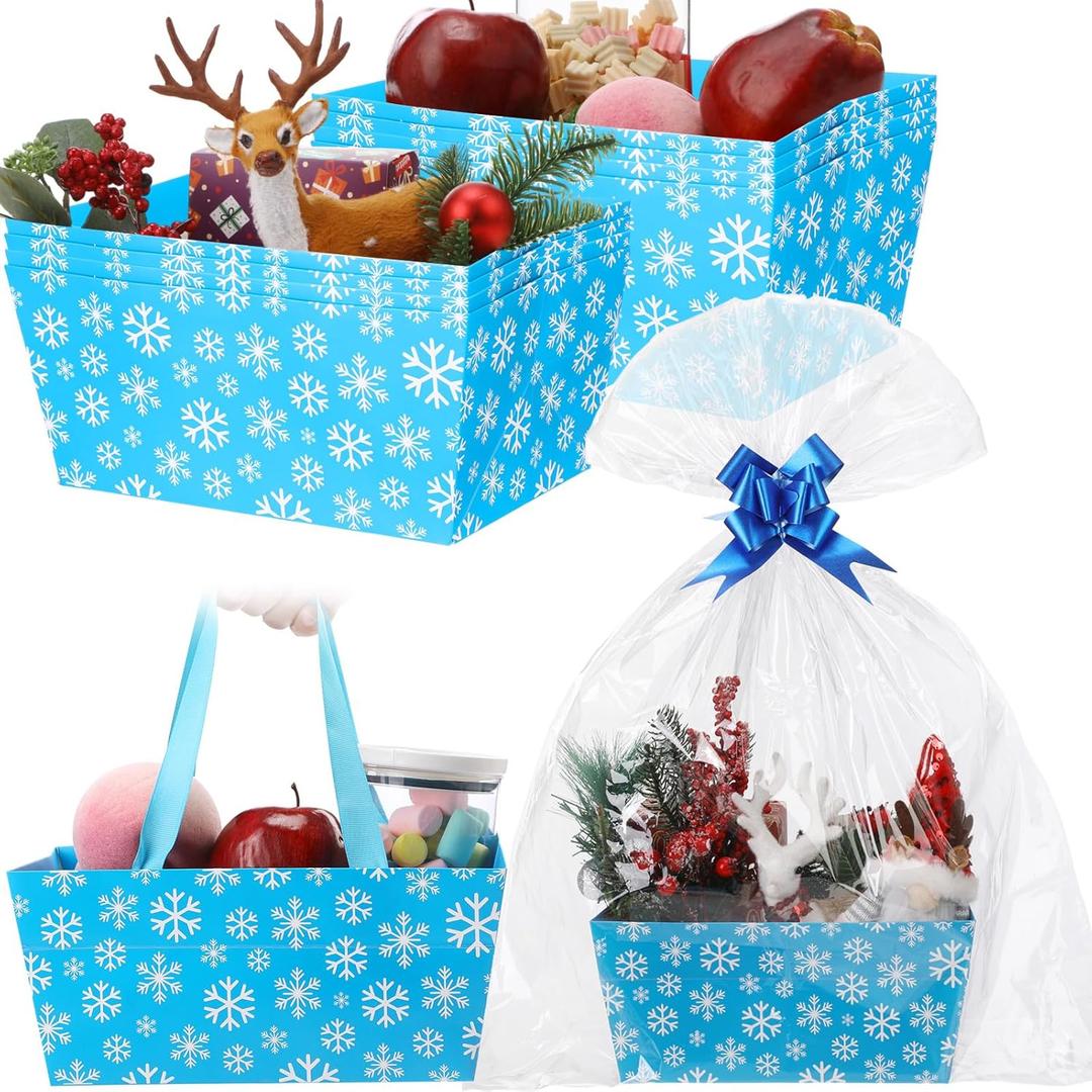 Moinchore 12 Pcs Christmas Basket for Gifts Empty 9.8x6.5'' Blue Snowflake Market Tray Cardboard Basket with Bows, Plastic Bags, Twist Ties, Empty to Fill for Holiday Birthday Xmas Winter Party Favor