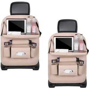 2PCS Car Backseat Organizer, Leather Multi-Pocket Seat Back Protector with Foldable Table Tray, Multifunctional Vehicle Storage Organizer Kick Mat for Kids Toddler Travel (Beige)
