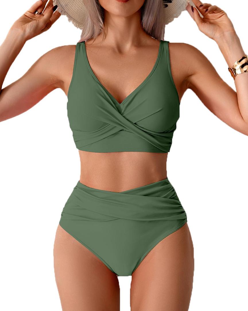 Fanuerg Women High Waisted Bikini Sets V Neck Cross Twist Front Two Piece Swimsuit Tummy Control Bathing Suit (Green, XXL)