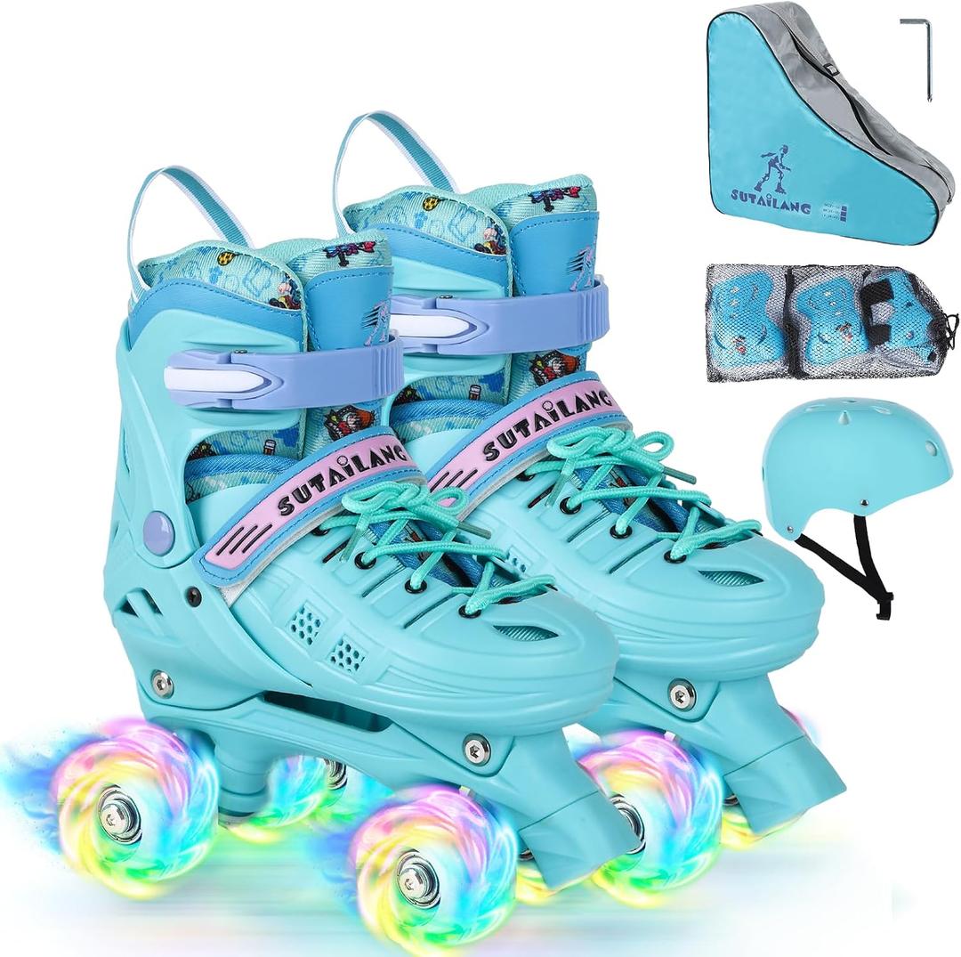 Roller Skates, Adjustable Roller Skates with Light up Wheels for Girls Boys Teens, Beginner & Advance | with Protective Gears and Carry Bag (S- Little Kids (12C-2Y), Blue)