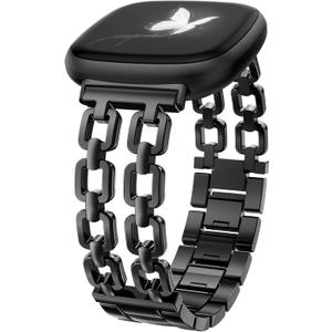 Wearlizer Metal Band Compatible with Fitbit Versa 4 Bands for Women/Versa 3/Sense 2/Sense Bands Women, Dressy Chain Strap Designer Stainless Steel Bracelet Wristband (Black)