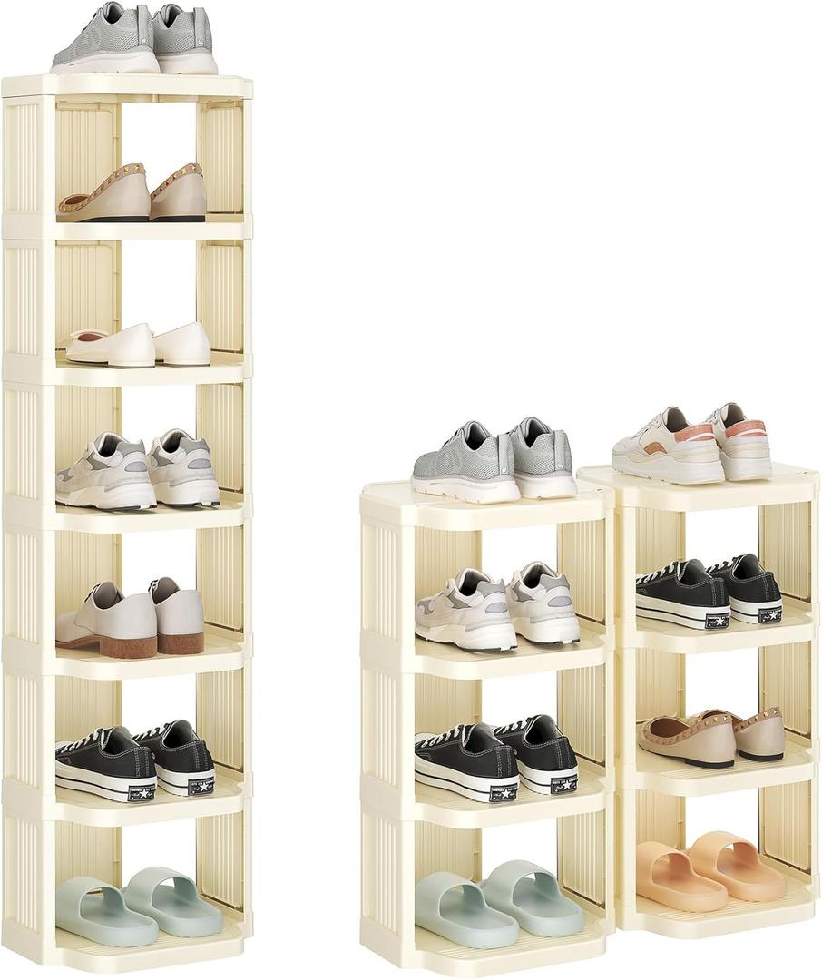 Kitstorack Vertical Shoe Rack: 8 Tiers Stackable Shoe Rack for Closet DIY Free Standing Shoe Organizer Small Shoe Shelf for Small Spaces and Narrow Spaces Plastic, White (Ivory)