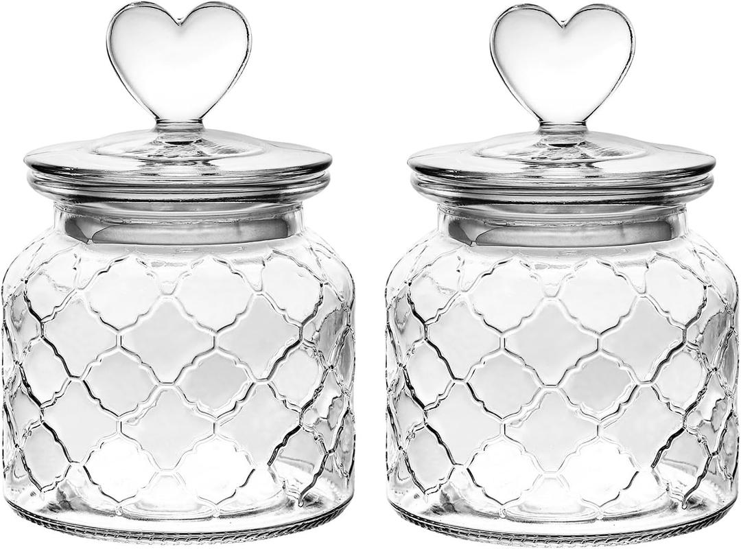 WHJY Set of 2 Airtight Glass Jars Decorative Jars, 22oz Jar of Hearts Cute Cookie Jar Decorative Jars with Lids Candy Jars for Candy Buffet Heart Shaped Lid (Grid Textured)