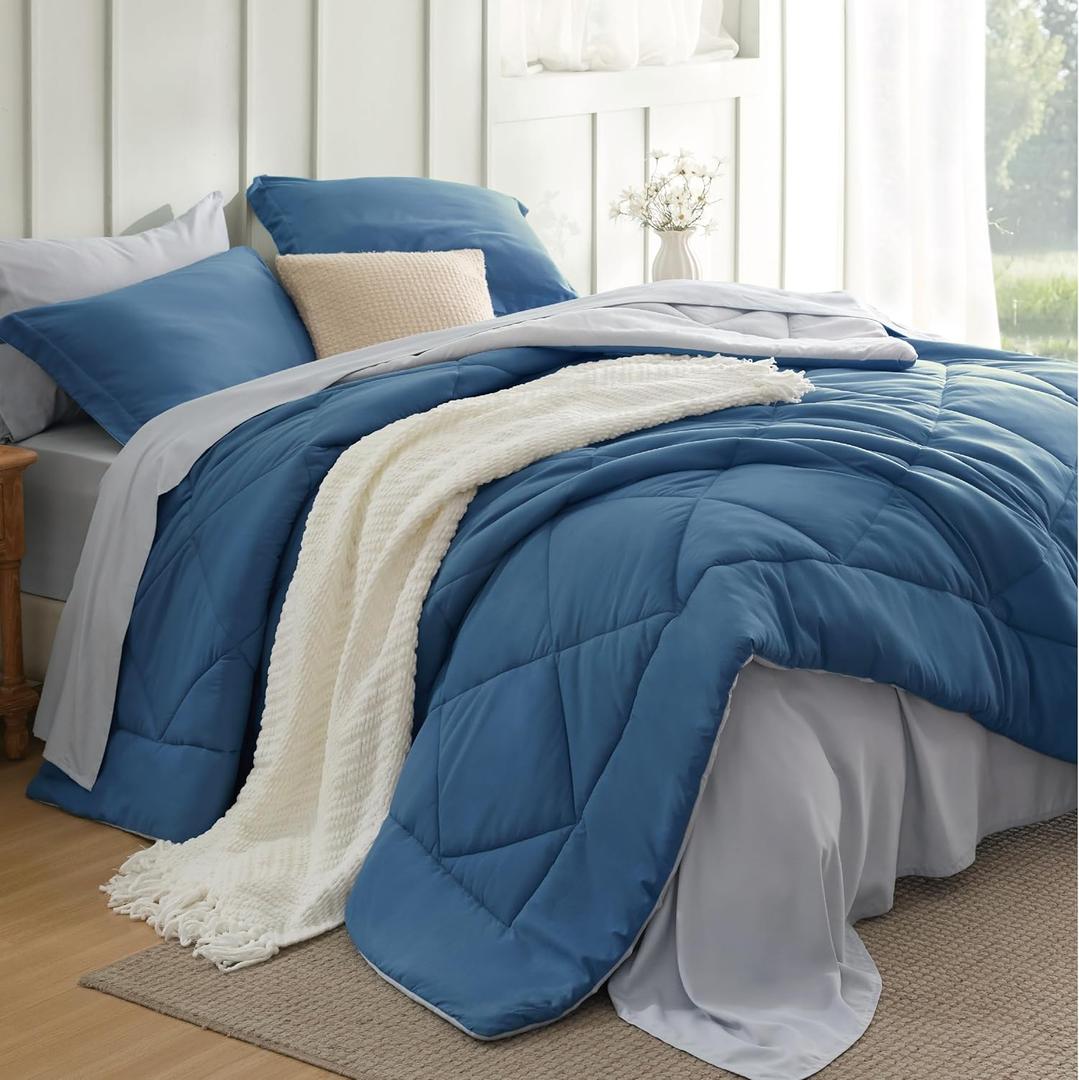 Bedsure King Size Comforter Set - 5 Pieces Reversible Slate Blue Bedding, King Size Bed Set for All Seasons, Bed in a Bag with Down Alternative Comforter, Sheets, Pillowcases & Shams