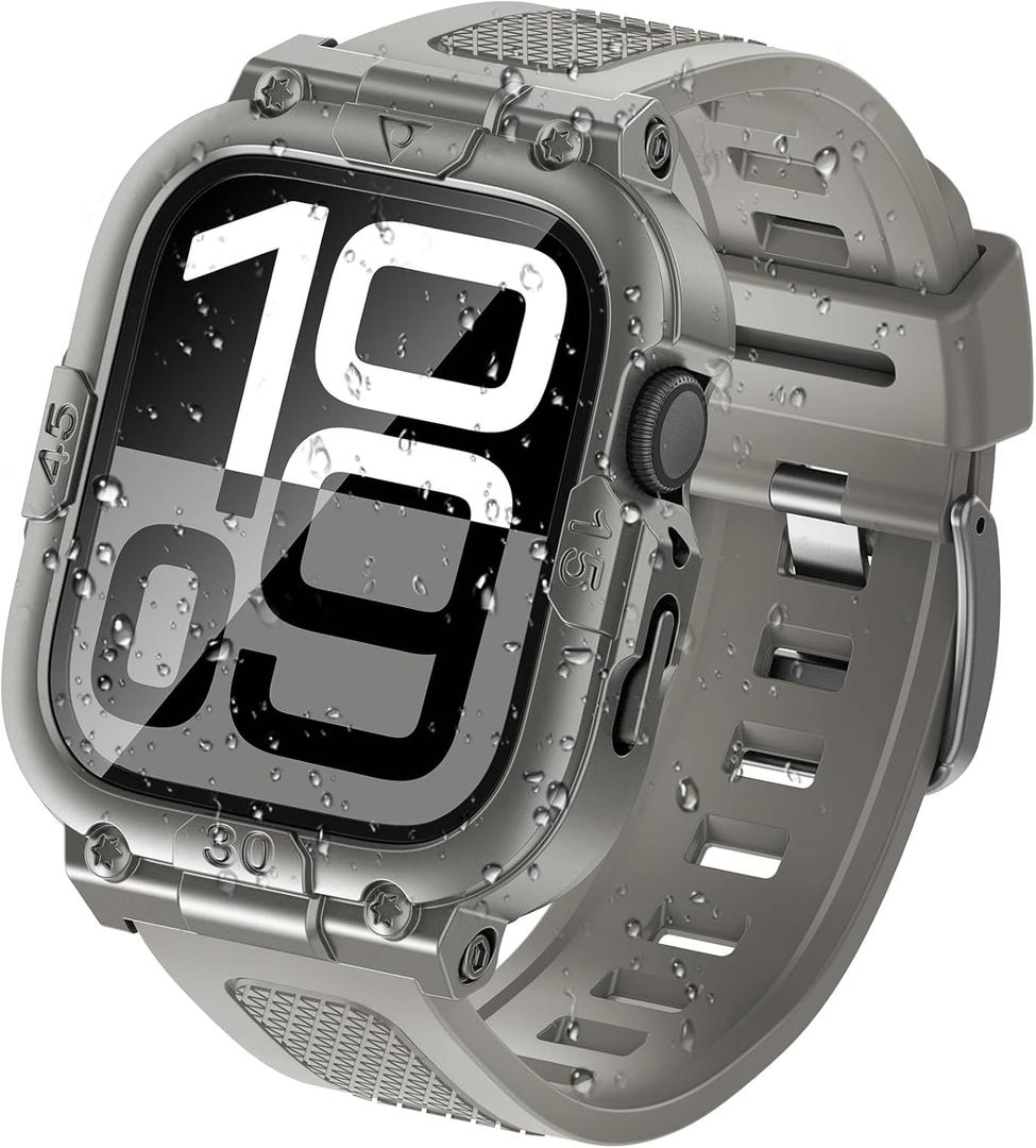 Goton 3 in 1 Waterproof Case with Band for Apple Watch with Built-in Tempered Glass Screen Protector 46mm, 360 Shockproof Bumper Face Cover with Band for Apple Watch Series 11 Series 10, 46mm, Titanium