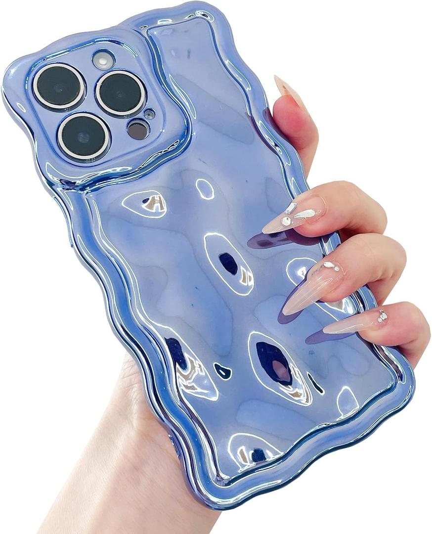 for iPhone 14 Case, Cute Stylish Glossy Bubble Wave Design, Silicone Women Girl Glitter Curly Wavy Aesthetic Protective Cover for iPhone 14 Phone Case, Shiny Blue