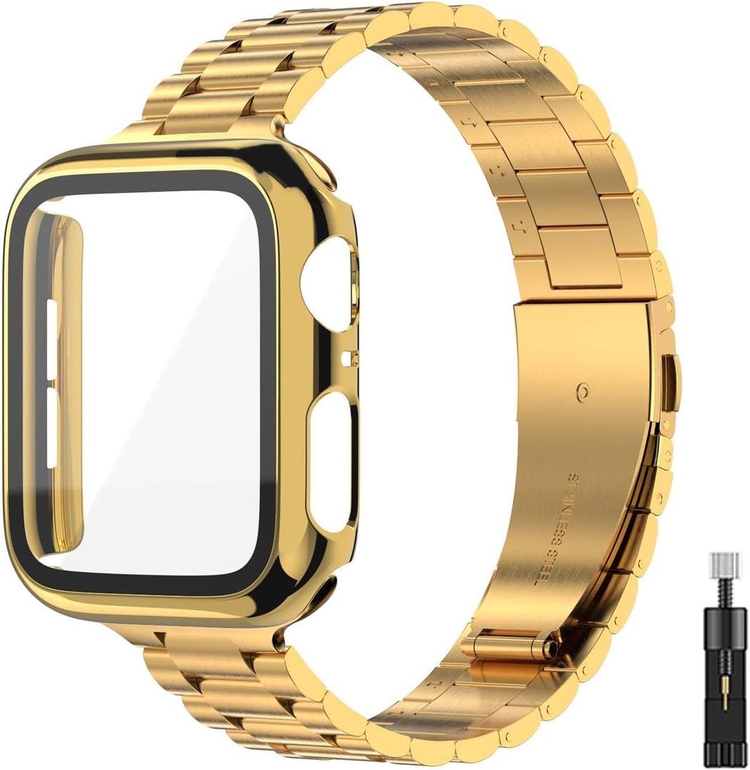 for Apple Watch Band Women 38mm 40mm 41mmm 42mm 44mm 45mm with Face Cover, Metal Stainless Steel for iwatch Band Series 9 8 7 6 5 4 3 2 1 SE. (Gold)