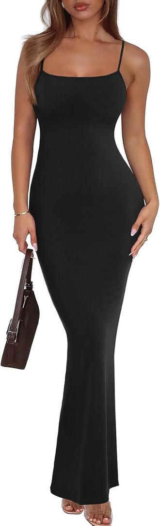 REORIA Women's Basic Sexy Lounge Slip Long Dress Elegant Sleeveless Backless Ribbed Bodycon Maxi Dresses, Size: Small (Black)