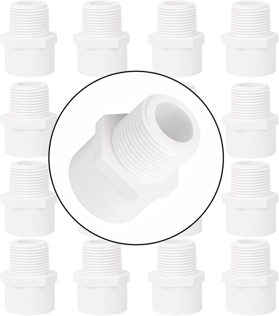 16Pack 1" PVC Male Adapter Pipe Fittings (Socket x Pipe Thread) 2-Way PVC Hose Adapter Coupling with 1 Inch Male Thread, Schedule 40, White