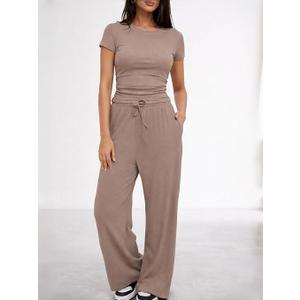 Women Set Pleated Short Sleeve Top Wide Leg Pants Loose Fit Matching Set Casual Lounge Travel Workwear,Size Medium