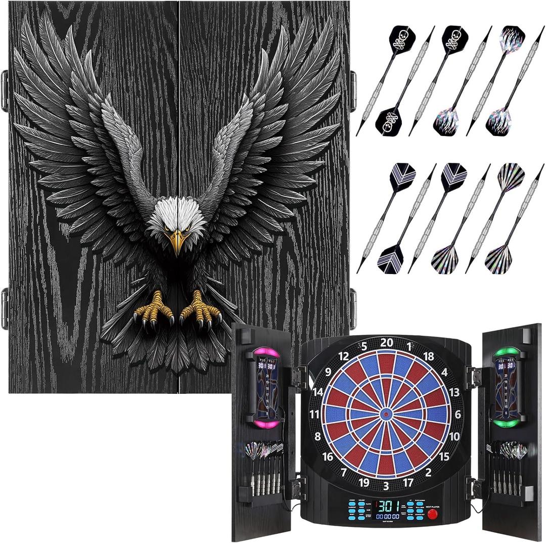 Electronic Dart Board, Electric Dartboard Cabinet Set for Adults [12 Soft Tip Darts] Individual Light Color for Each Player, Wooden Dartboard Cabinet for Family Game