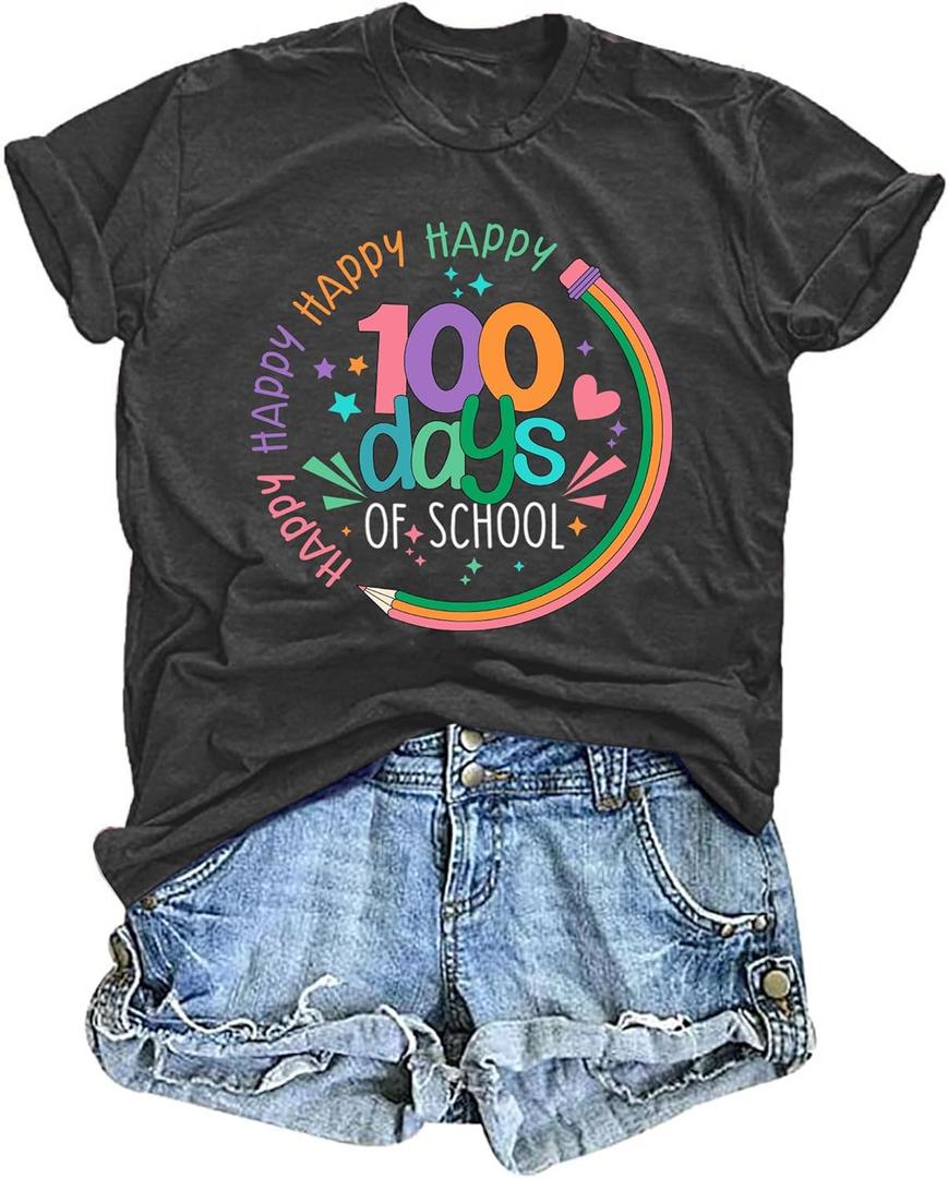 LHBNK Teacher Shirts Women Happy 100 Days of School T-Shirt Teach Print Graphic Tshirt Teacher Gifts Tops Tee (Medium, Grey)