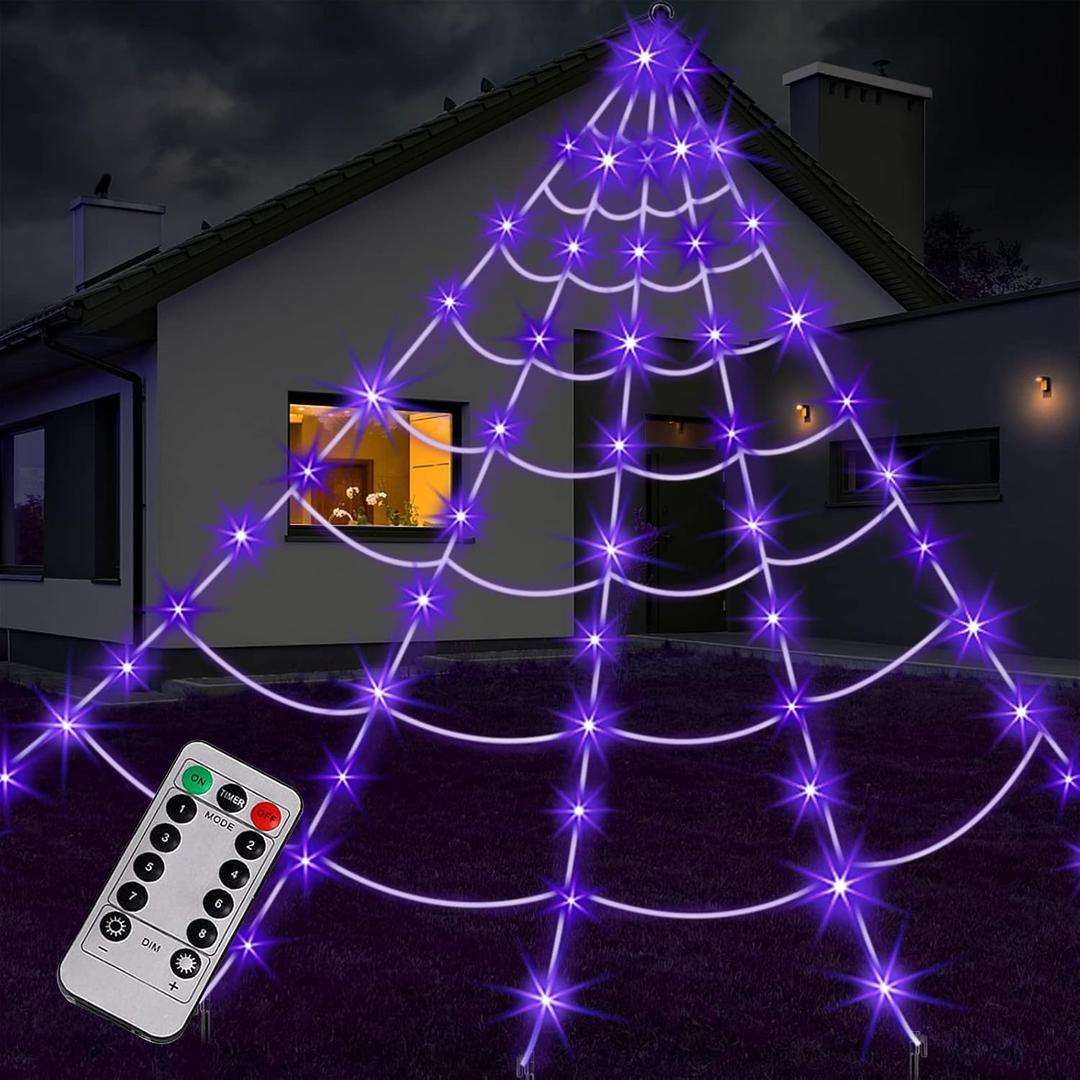Spider Web Halloween Decoration Outdoor Lights, 125 Purple LED Light Up 16.4Ft Giant Spiderweb & 22 Small Fake Spiders & 20g Stretch Cobweb, 8 Modes Remote Control Lighted Decor for Yard Outside