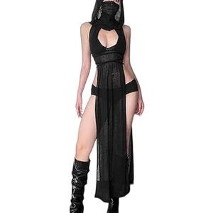 LINNSUJH Gothic Rave Outfits Dresses for Women Festival Long Dresses Sexy Goth Clothes Rave Wear, Medium