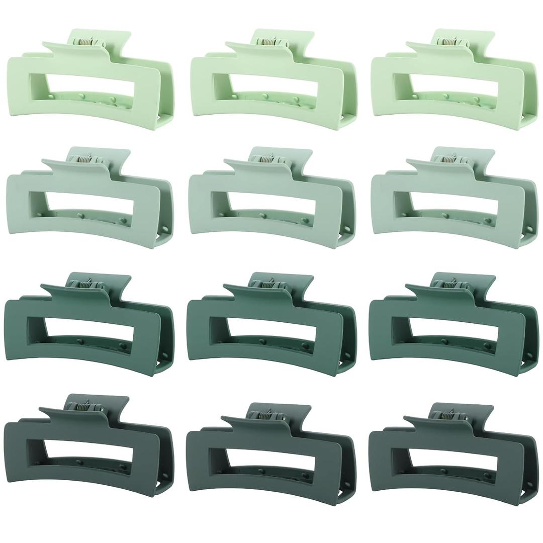 12 Pcs Green Large Square Hair Claw Clips for Women, 4.3-Inch Matte Rectangle Claw, Strong Hold Non-slip Hair Clips for Thick & Thin Hair