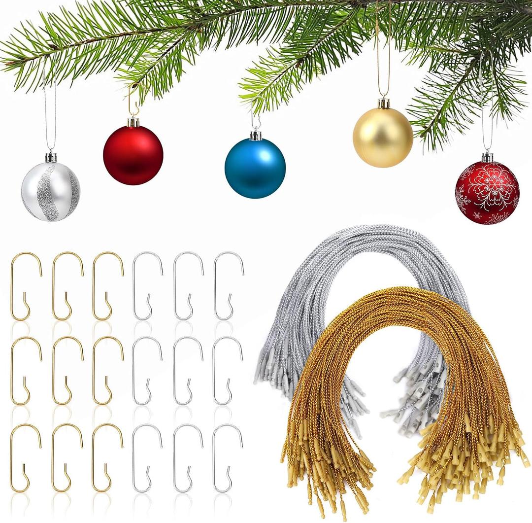 3 x JUNEBRUSHS 120Pcs Christmas Ornament Hooks and Strings, Christmas Ornament Hangers with Snap Ornament String Hooks for Christmas Tree Holiday Party Hanging Decorations (Gold, Silver)