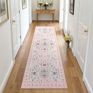 LIVEBOX Pink Floral Runner Rug 2x6 for Hallway, Washable Non Slip Soft Runner for Bedroom, Boho Accent Rug for Kitchen, Bathroom, Laundry Room