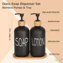 2 x Black Soap Dispenser Bathroom Set, Set with Glass Dispenser, Bamboo Pumps & Tray. Hand and Lotion Suitable for Farmhouse Decor