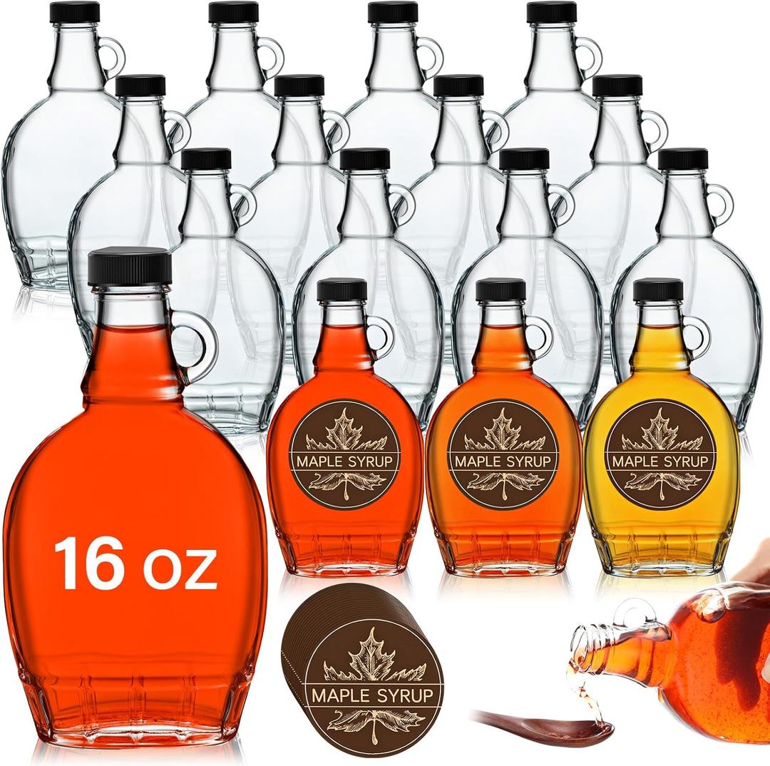 12 Pcs 16 oz Glass Maple Syrup Bottles Clear Reusable Glass Bottles with Lids Loop Handle and Maple Syrup Stickers Jars Container for Milk Potion Juice Sauce Oil Storage Gift(Stylish)
